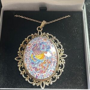 Gold-Tone Peacock Pendant Necklace with Multicolor Art Inlay